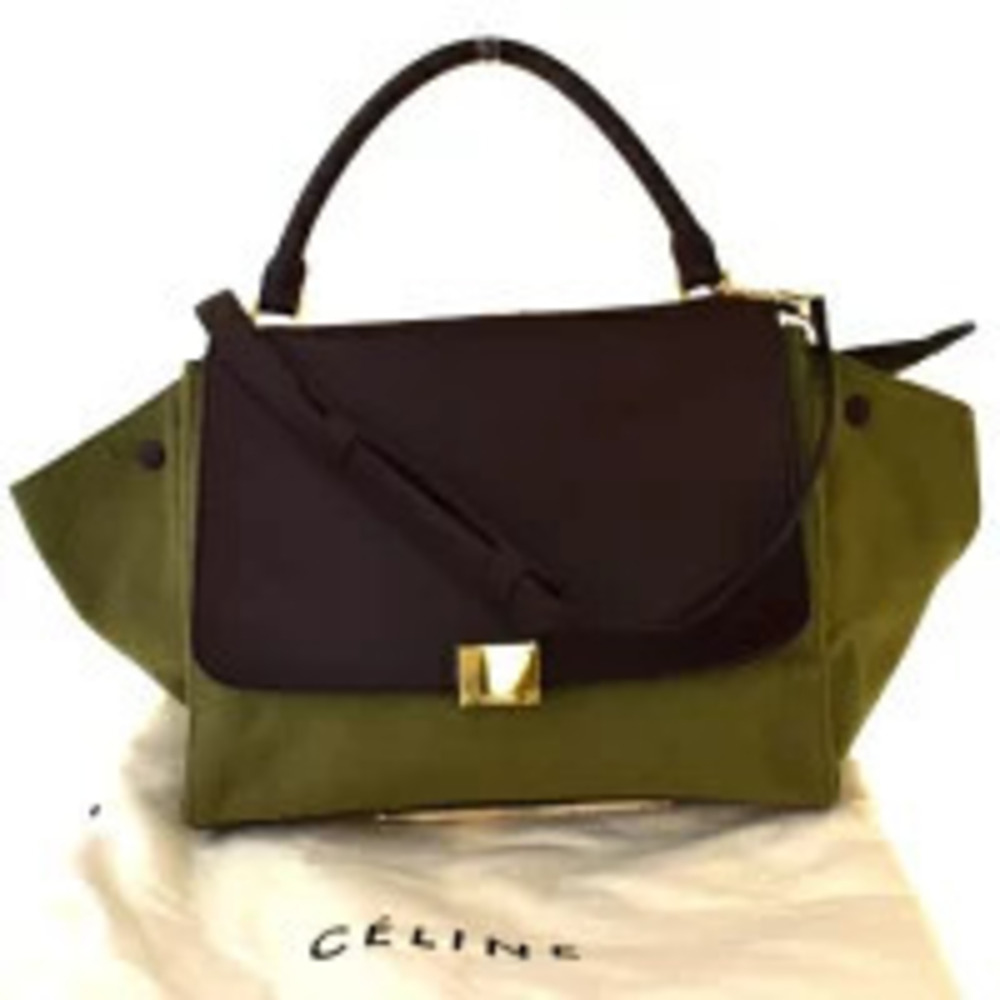 Celine Trapeze Handbag shoulder bag brown green leather canvas